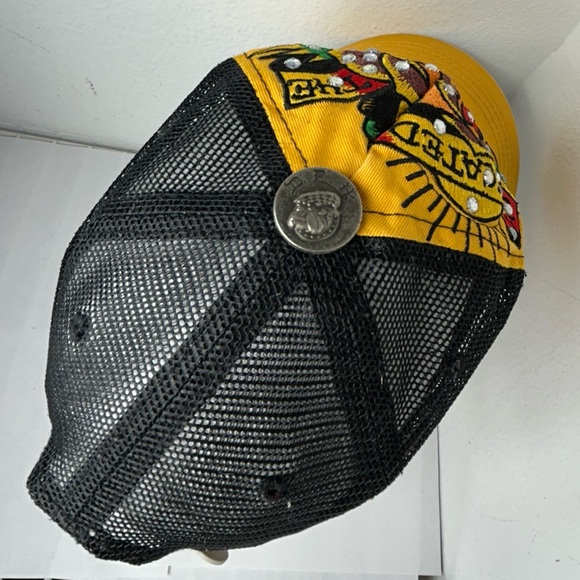 ED HARDY VTG HAT BASEBALL CAP YELLOW BLACK y2k 90s Christian Audigier Trucker - Picture 8 of 15